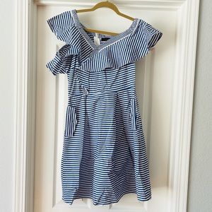 Blue and White Striped Asymmetric Ruffle Dress with Pockets